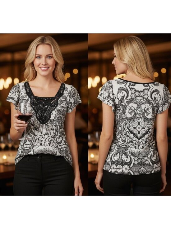 ONE WORLD Tops - One World Black & White Paisley Lace V-Neck Top S